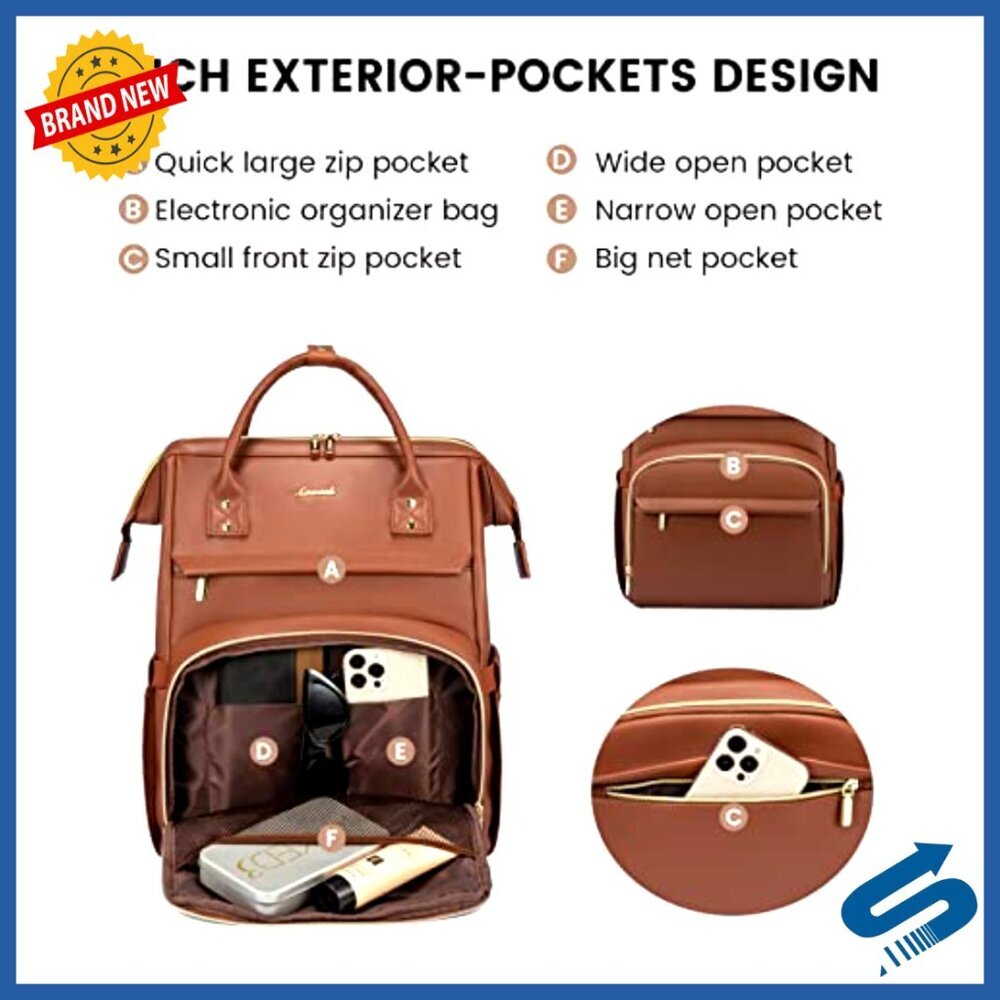 Leather Laptop Backpack Professional Work Bag Travel Purse with USB Port - Picture 3 of 6